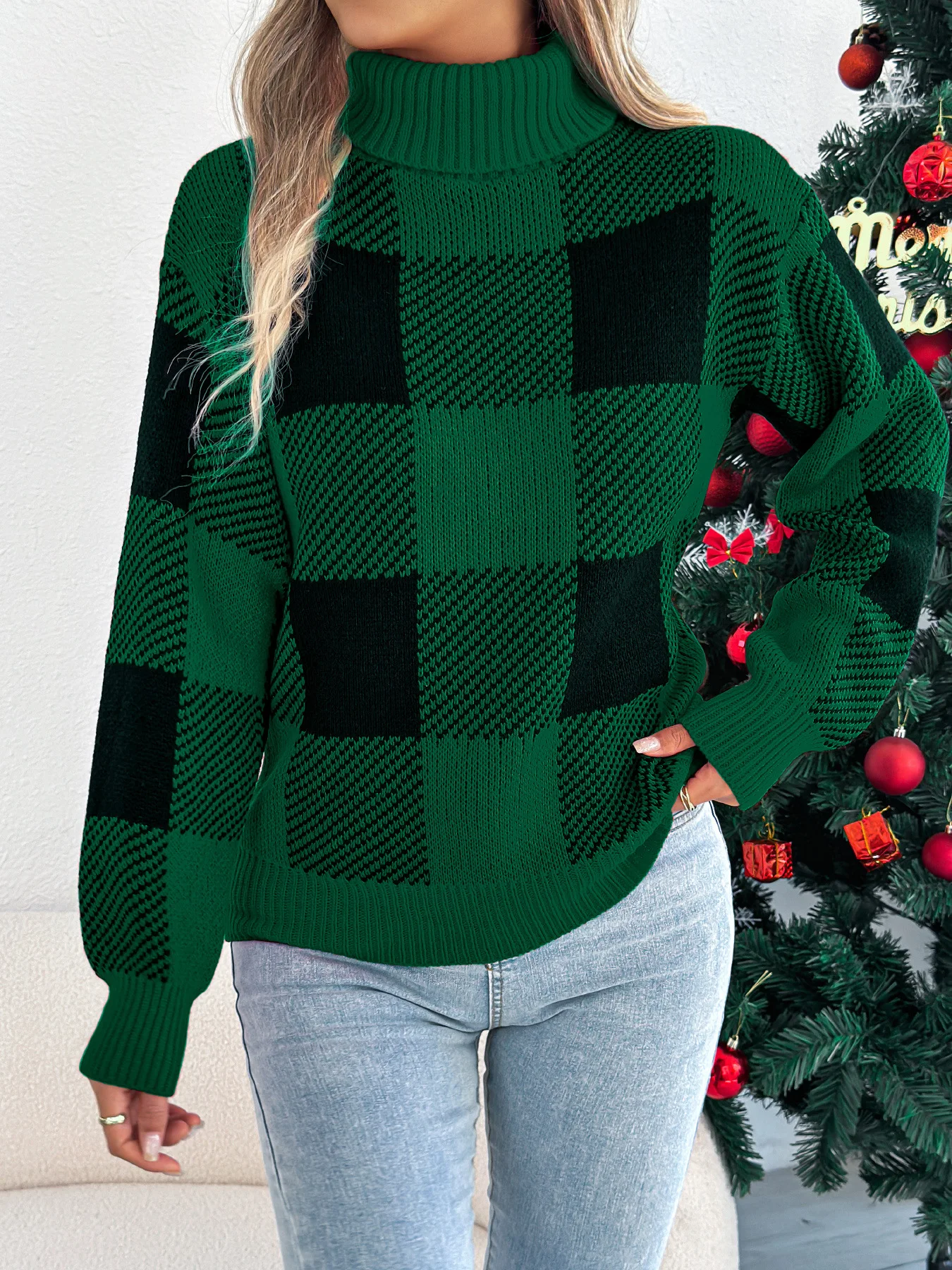 

Christmas Women's Clothing Autumn and Winter Casual Elegant Contrasting Color Plaid High Neck Long Sleeved Pullover Sweater