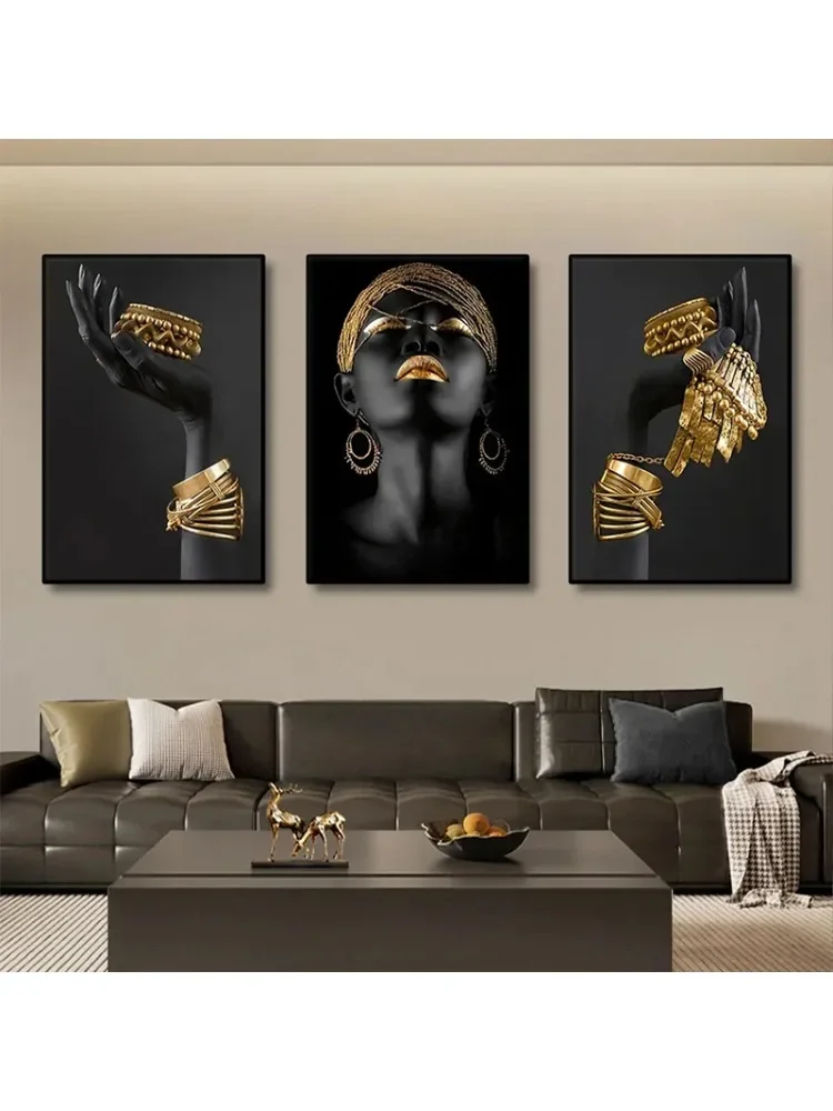 Portrait de femmes africaines couleur argent or, peinture artistique, affiche imprimée sur toile, tableau d'art mural scandinave pour décor de salon