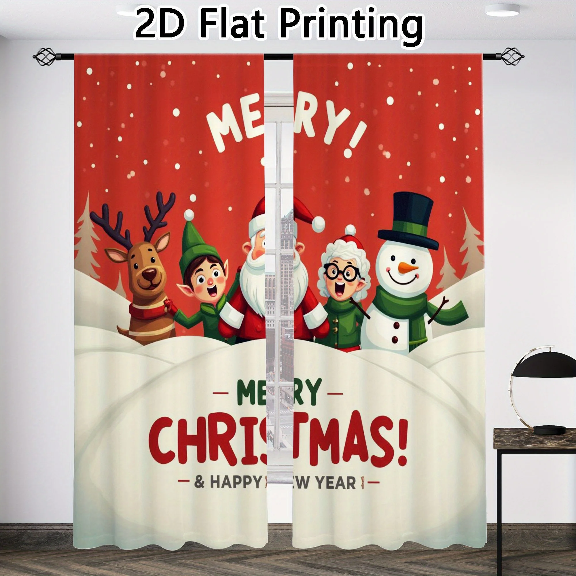 Merry Christmas Curtain, Santa Snowman Reindeer Window Drapes, Festive Holiday Home Decor, Happy New Year Living Room Blackout