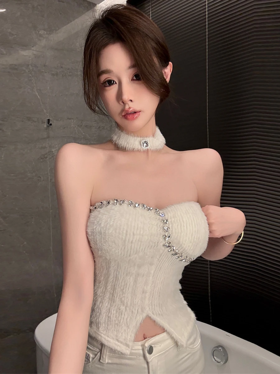 Slimming Diamond Embellished Backless Vest Top Pure Desirable Sexy Style Furry Crop Show off Shoulders And Back for Young Women