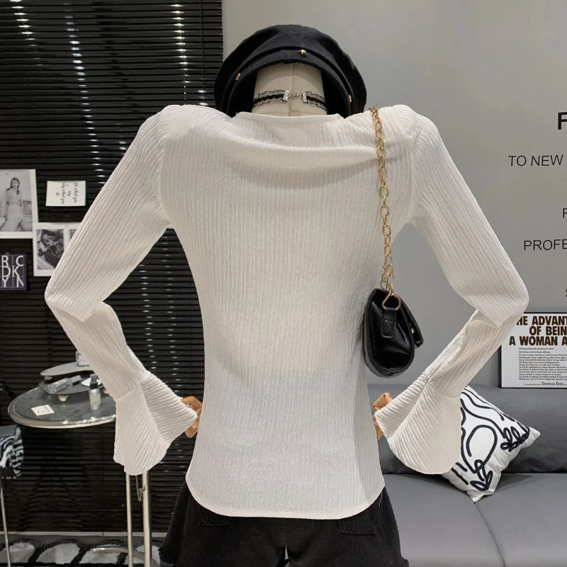 Temperament V Neck Slim Tops Tees Spring New Long Sleeve Solid Color Pleated Patchwork Y2K T Shirts Fashion Trend Women Clothing