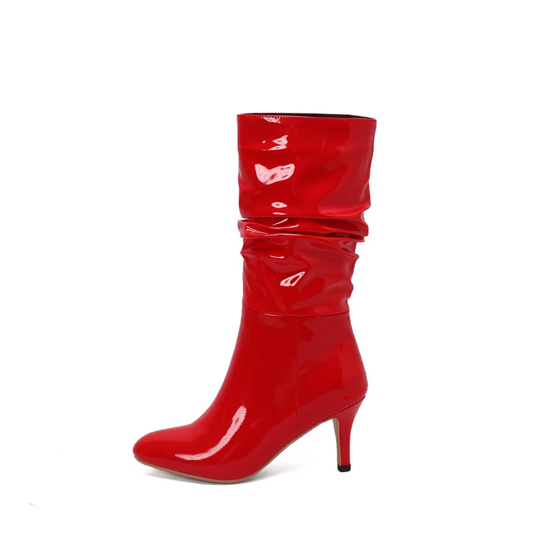 Sexy Patent Leather Pleated Ankle Boots Ladies Winter 2023 High Thin Heels Slip-on Botas Party Shoes for Women Red Black Size 43