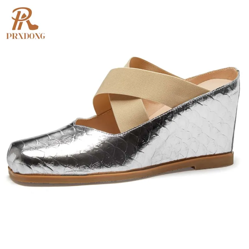 

PRXDONG Women's Sandals 2024 New Summer Genuine Leather Wedges High Heels Open Toe Gold Silver Dress Party Casaul Lady Shoes 39