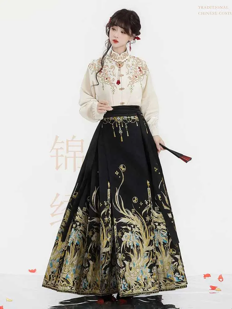 Ming Dynasty Hanfu Horse Face Skirt Women Spring Pleats Skirt  Chinese Style Embroidery Weaving Gold Black Red Hanfu Skirt Shirt