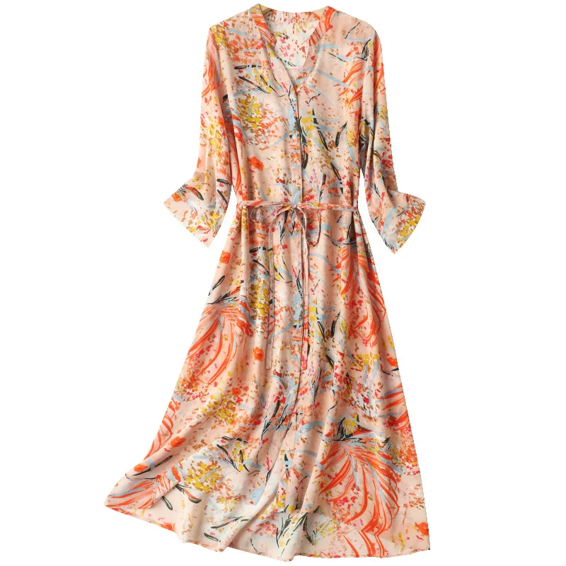 Women 100% Natural Silk Crepe Silk Beige Floral printed shirt Dress half sleeve split neck with belt midi dress L XL FF011