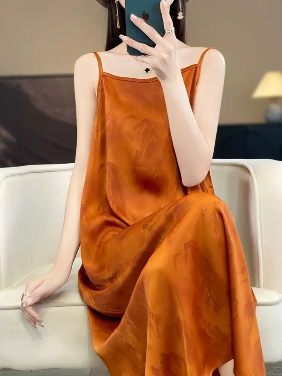 فستان Ele Summer Silk Satin Long Dr للنساء على شكل حرف A مع تصميم حزام التخسيس المطرز من الأسيتات لـ Ocns غير الرسمي