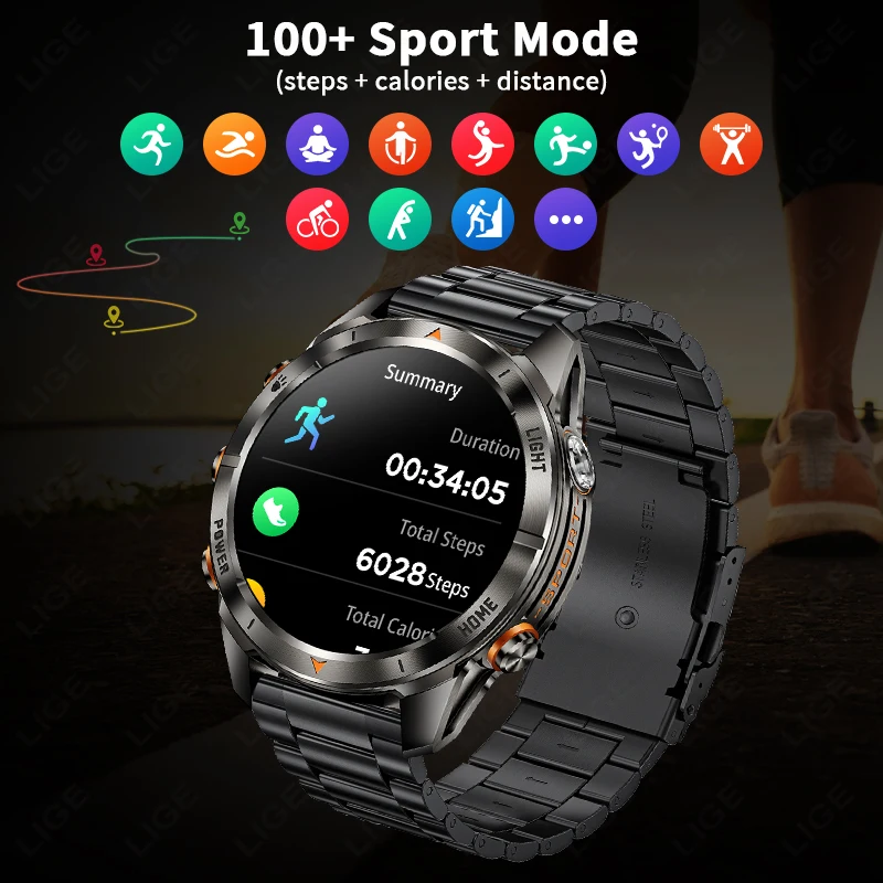 Military Smart Watch Men 3ATM Waterproof 1.46" AMOLED Screen LED Flashlight 515mAh Battery Heart Rate Sports BT Call Smartwatch