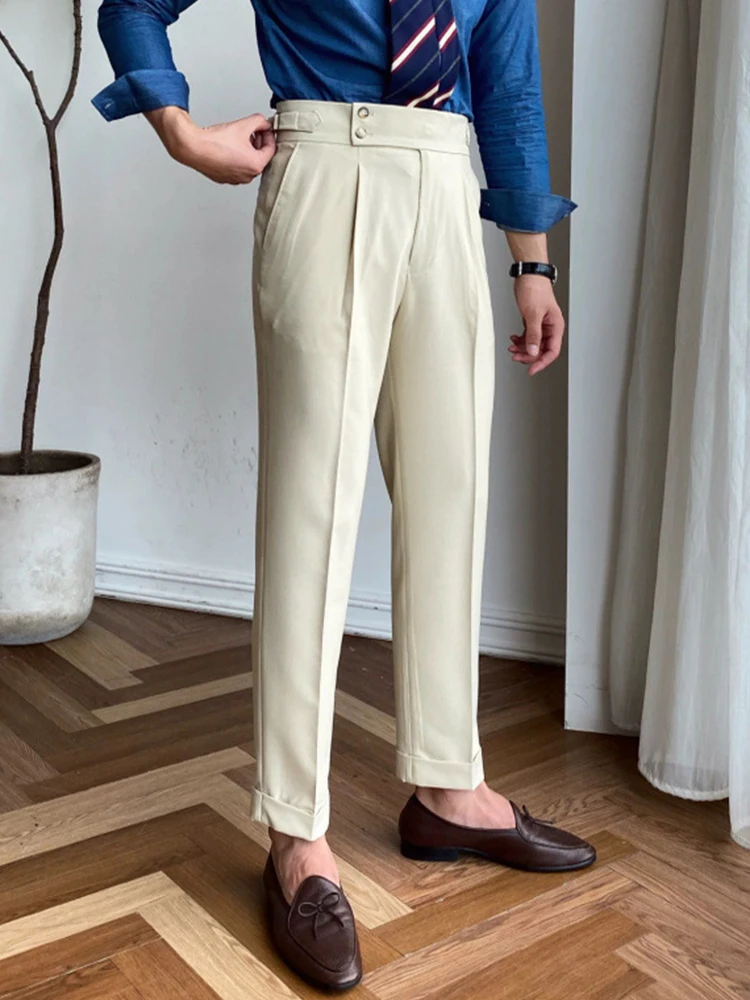 Classic Men's High Waist Trousers Spring Autumn Casual Pleated Belt-up Straight Pants Men Vintage Solid Color Slim Fit Trousers