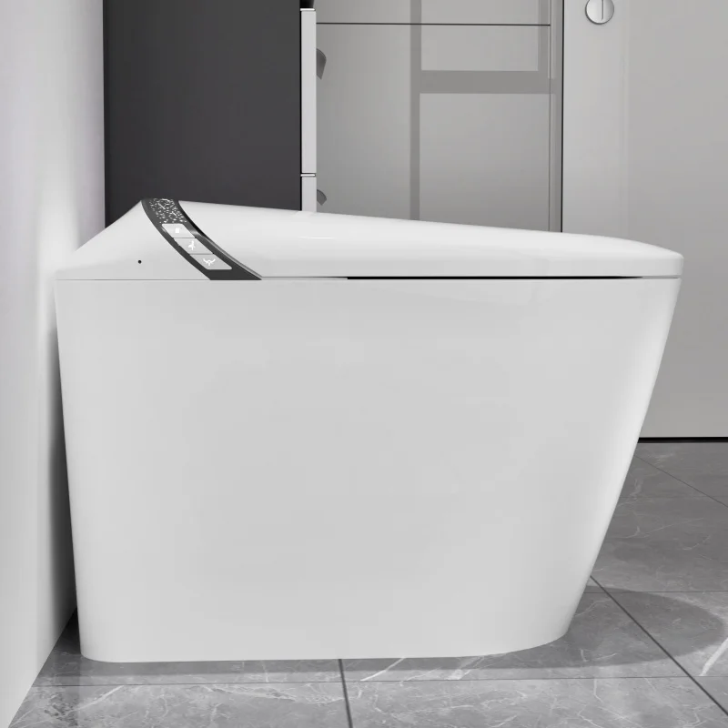 Modern White Elongated Smart Toilet with Auto Open-Close Lid and Heated Seat Bathroom Foot Kick Flush Toilet with LED Display