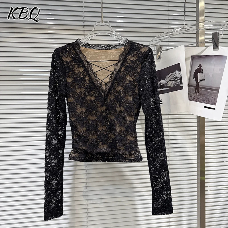 

KBQ однотонная кружевная утягивающая блузка для женщин с v-образным вырезом и длинным рукавом, темпераментная лоскутная рубашка с блестками, женская модная стильная новинка