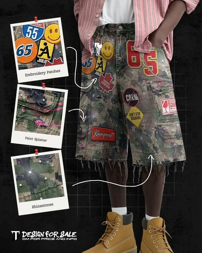 Imagen 2 del producto Ropa de calle azul Retro, pantalones cortos vaqueros de retales Y2K para hombres y mujeres, pantalones cortos informales holgados con gráficos de dibujos animados de Hip Hop, pantalones cortos vaqueros de camuflaje para Fitness