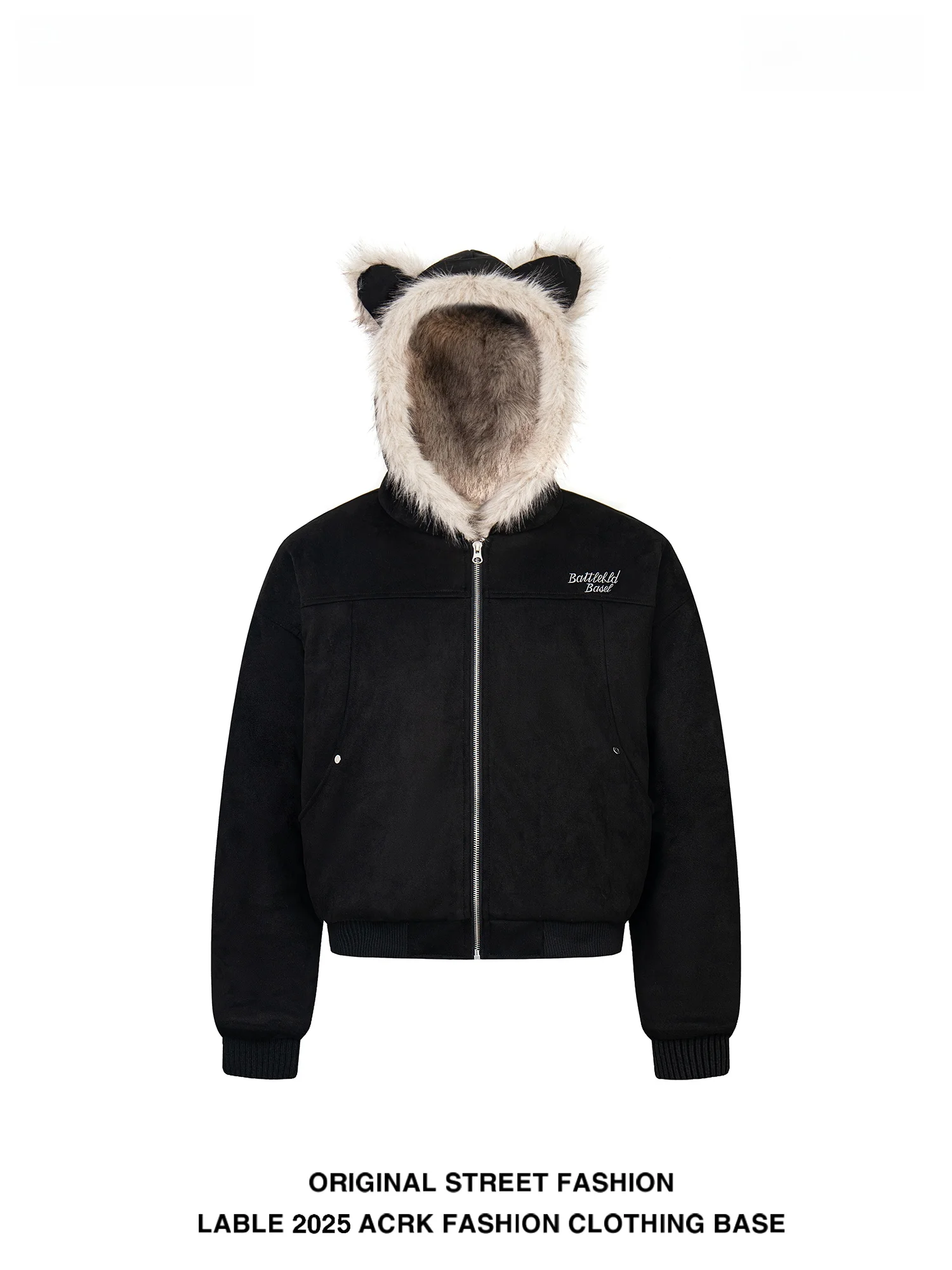 

ACRK Winter Thiened Warm Rabbit Ear Collar Men's Cotton Jaet Suede Outerwear Youth Faion Long Sve Zipper Closure Coat