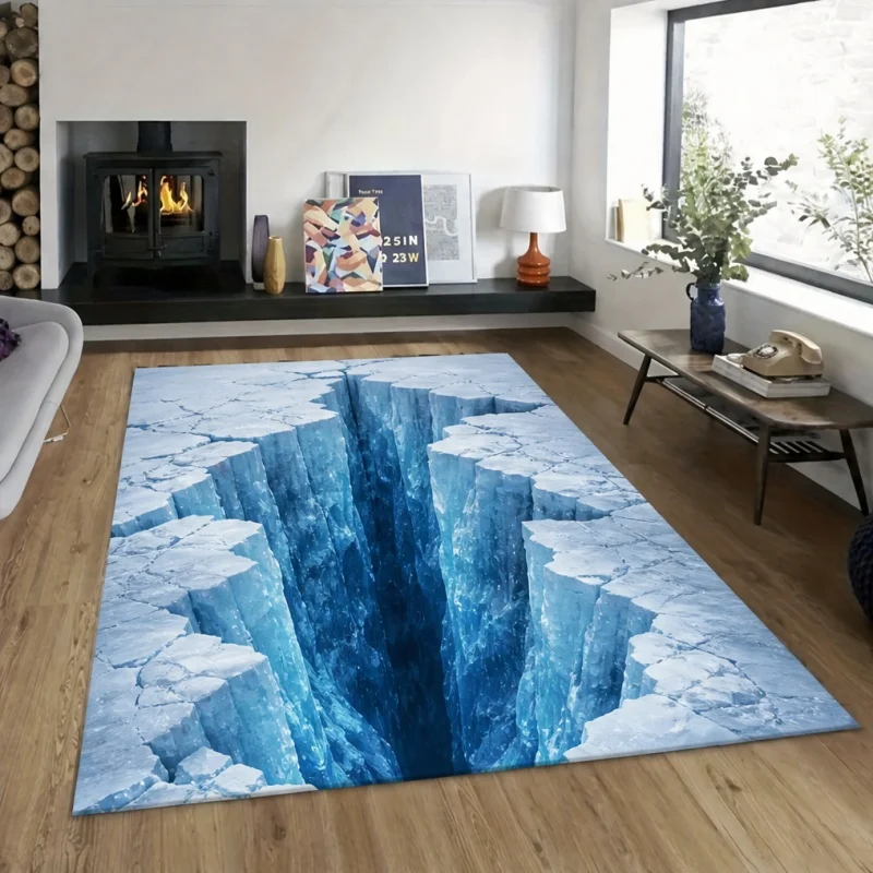 3D Ice Canyon Vortex Area Rug, Frozen Glacier Crack Illusion Print Floor Carpet, Modern Indoor Decor Rug