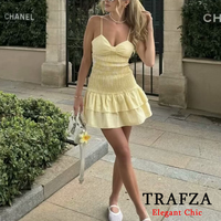 TRAFZA Vintage Yellow Print Bow Trimmed Little Checkered Mini Women Dress Fashion 2025 Summer OOTD Cami Dress Beach Party Dress