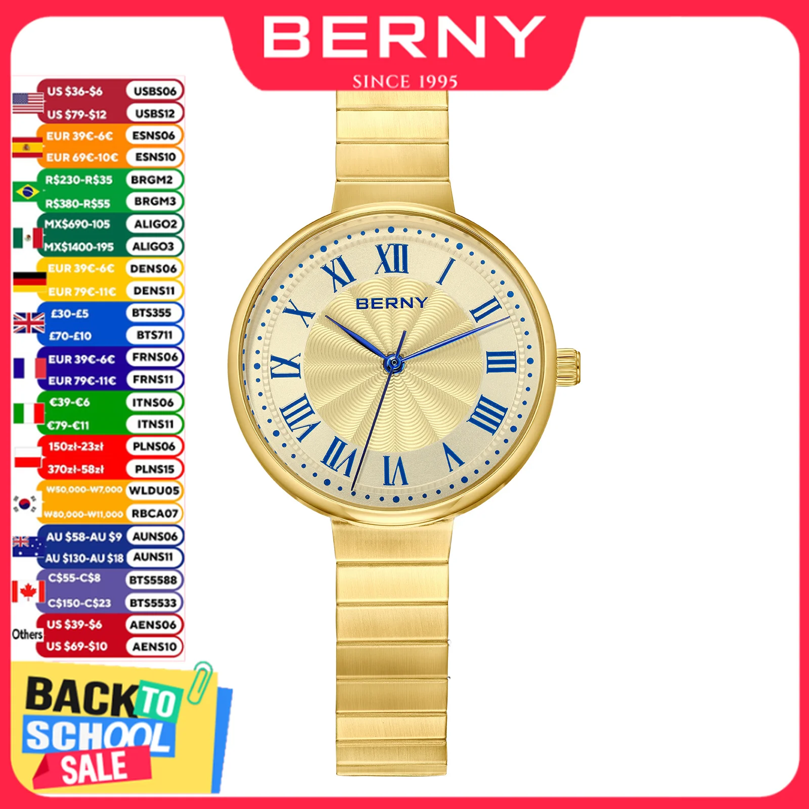 BERNY Luxury Gold Women's Watch Stainless Steel Fashion Quartz Wristwatch Waterproof Top Brand Exquisite Gift Watches For Ladies