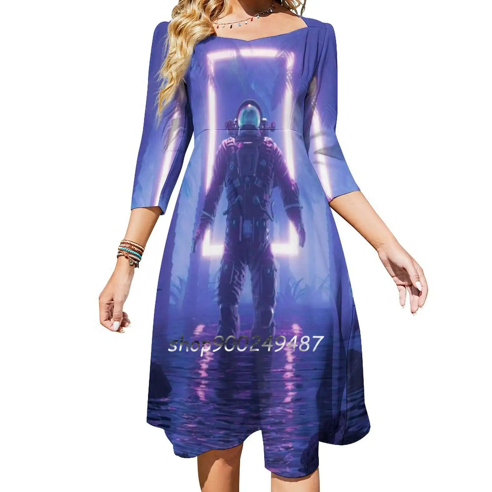 Lost In The Neon Jungle Sweetheart Knot Flared Dress Fashion Design Large Size Loose Dress Astronaut Space Stars Galaxy