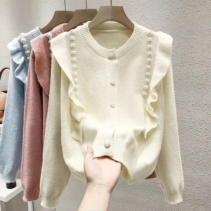 Ruffles Pearl Sweater Women Autumn Winter Elegant Temperament Knitting Cardigan Coat Solid Color All-match Casual Knitwear Tops