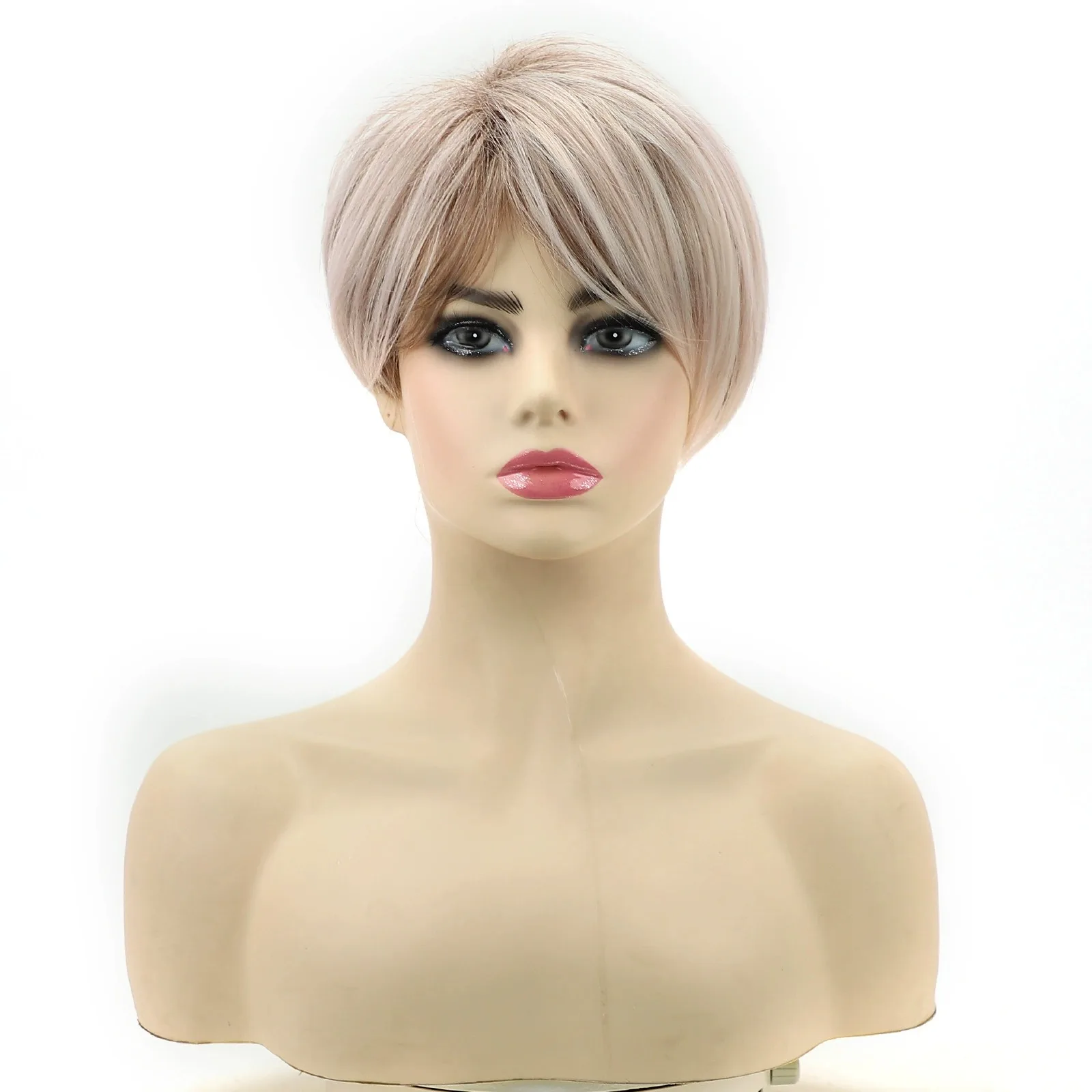 Short Ombre Brown Pink Women's Wig Layered Synthetic Hair Wig with Brown Roots for Everyday Party Cosplay pink wig