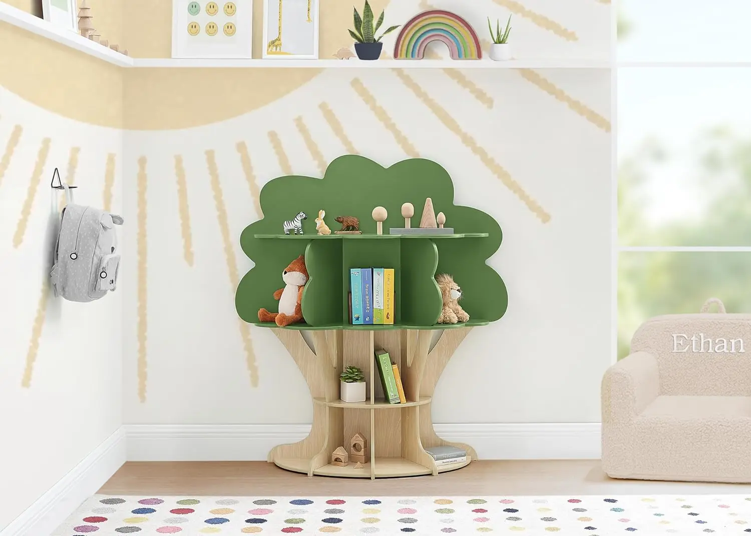 Bibliothèque Arbre Vert Fougère pour Tout-petits et Grands Enfants, Rangement Naturel Artisanal, Polyvalent, Âge des Sises