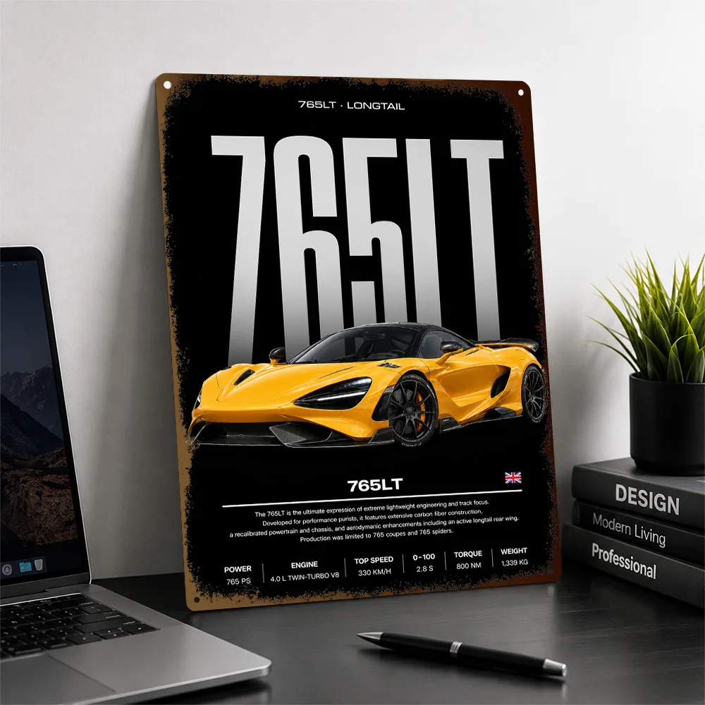 United Kingdom 765LT Papaya Spark Supercar Specification Printed Poster Customized Metal Sign Wall Art For Garage And Man Cave