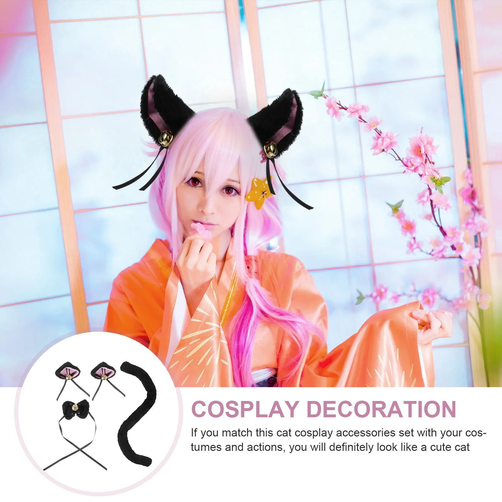 

1Set Cat Ears Hair Clip Bow Tie Tail One Size Fits Most Party Cosplay Costume Animal Fancy Dress Performance Prop