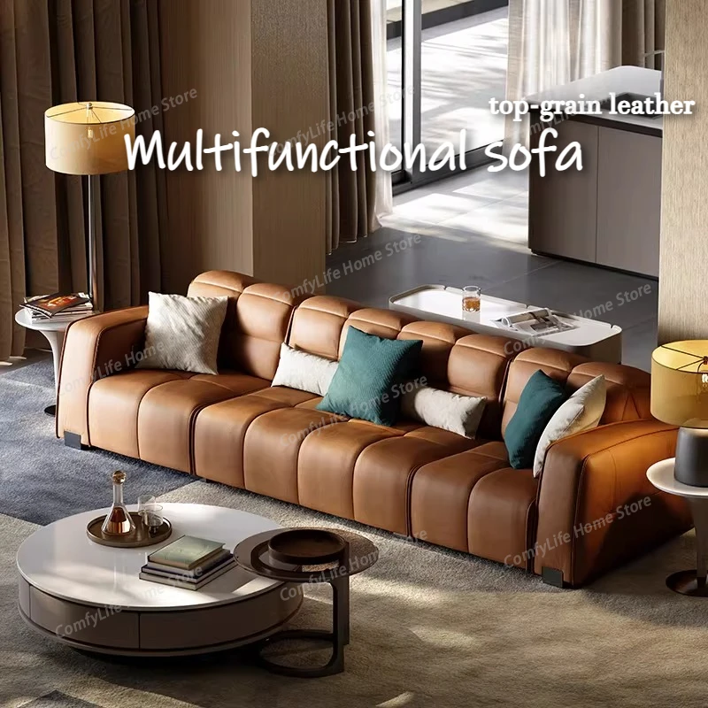 Top-grain Leather Electric Sofa Retractable Straight Row Couch Lounge Minimalist Full Size Frame Hotel Furniture Living Room