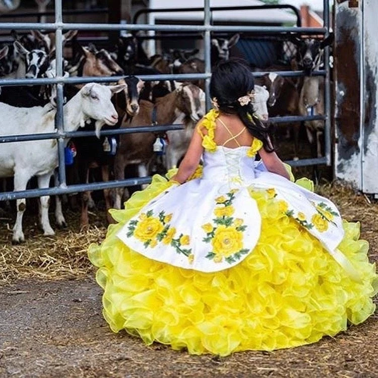 Желтые мини-платья для Quinceanera, бальное платье Charro, платья для девочек из органзы с аппликацией и цветами для свадеб, мексиканские пышные платья для малышей