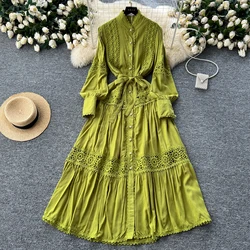 sweet lace PATCHWORK Single Breasted Lantern Sleeve Dress French Party Elegant Summer Sexy Slim Women dresses