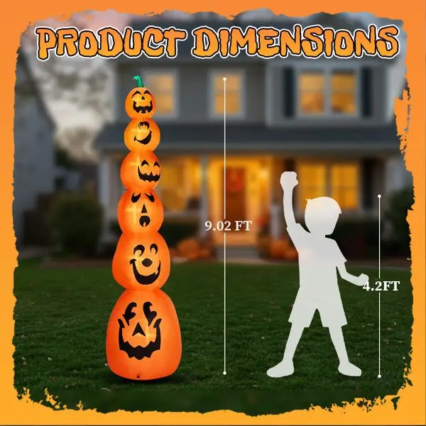 Decoração de abóbora empilhada inflável de Halloween de 9 pés com luzes LED - Decoração externa gigante Jack-o-Lantern, à prova d'água e fácil Setu