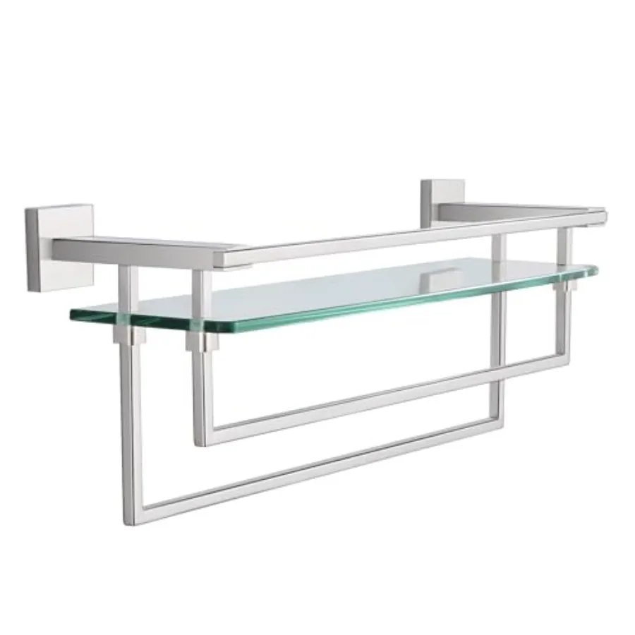 

Bathroom Shelf with Towel Bars - 20-Inch Silver Floating Tempered Glass Shelves with 2 Rails for Bathroom Kitchen Accessories O