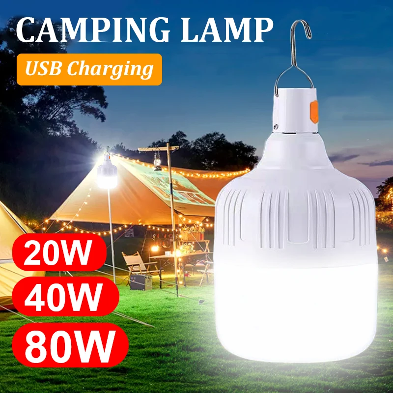 Portable Camping Lamp Light USB Rechargeable LED Emergency Light Outdoor Hiking Fishing Picnic Hanging Tent Light Bulb with Hook