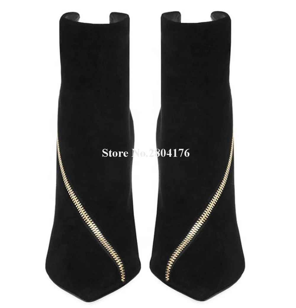 Black Suede Gold Zipper Decorated Thin Heel Short Boots Sexy Pointed Toe Unique Style Stiletto Heel Ankle Booties Big Size