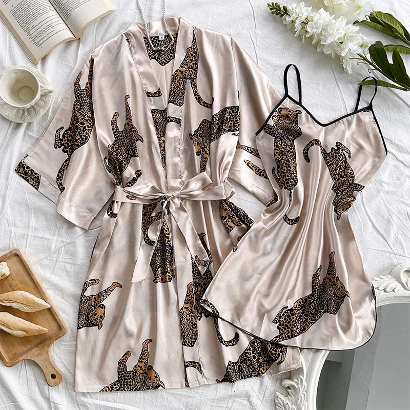 Ensemble de chemise de nuit pour femmes, ensemble pyjama Long semblable à la soie, col en v, Sexy, chemise de nuit et Robe deux pièces, tenue de maison