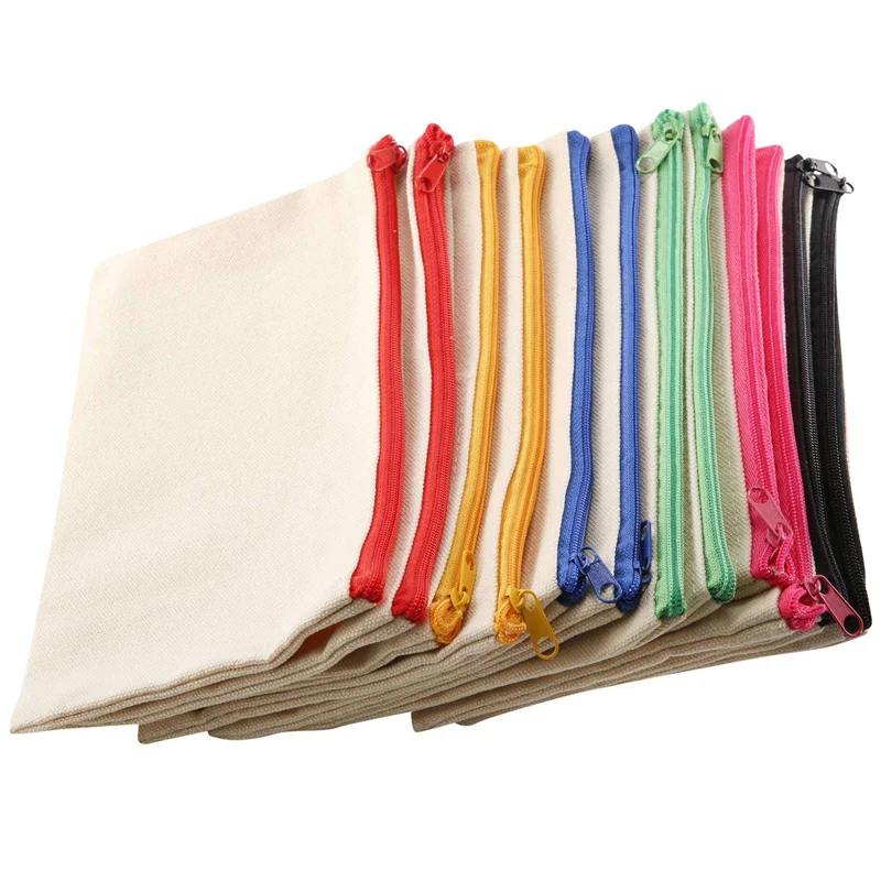 ABNH 12 Pack Blank Canvas Makeup Bag,Bulk Cosmetic Bags with Multi-Color Zipper,Canvas Zipper Pencil Case Pouch,DIY Craft