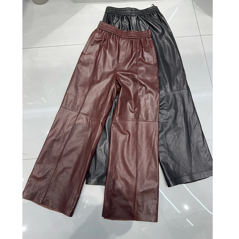 

Chic Wine Red Women Genuine Leather Wide Leg Pants 2025 Fall Winter Real Sheepskin Ladies Casual Elastic Waist Straight Trousers