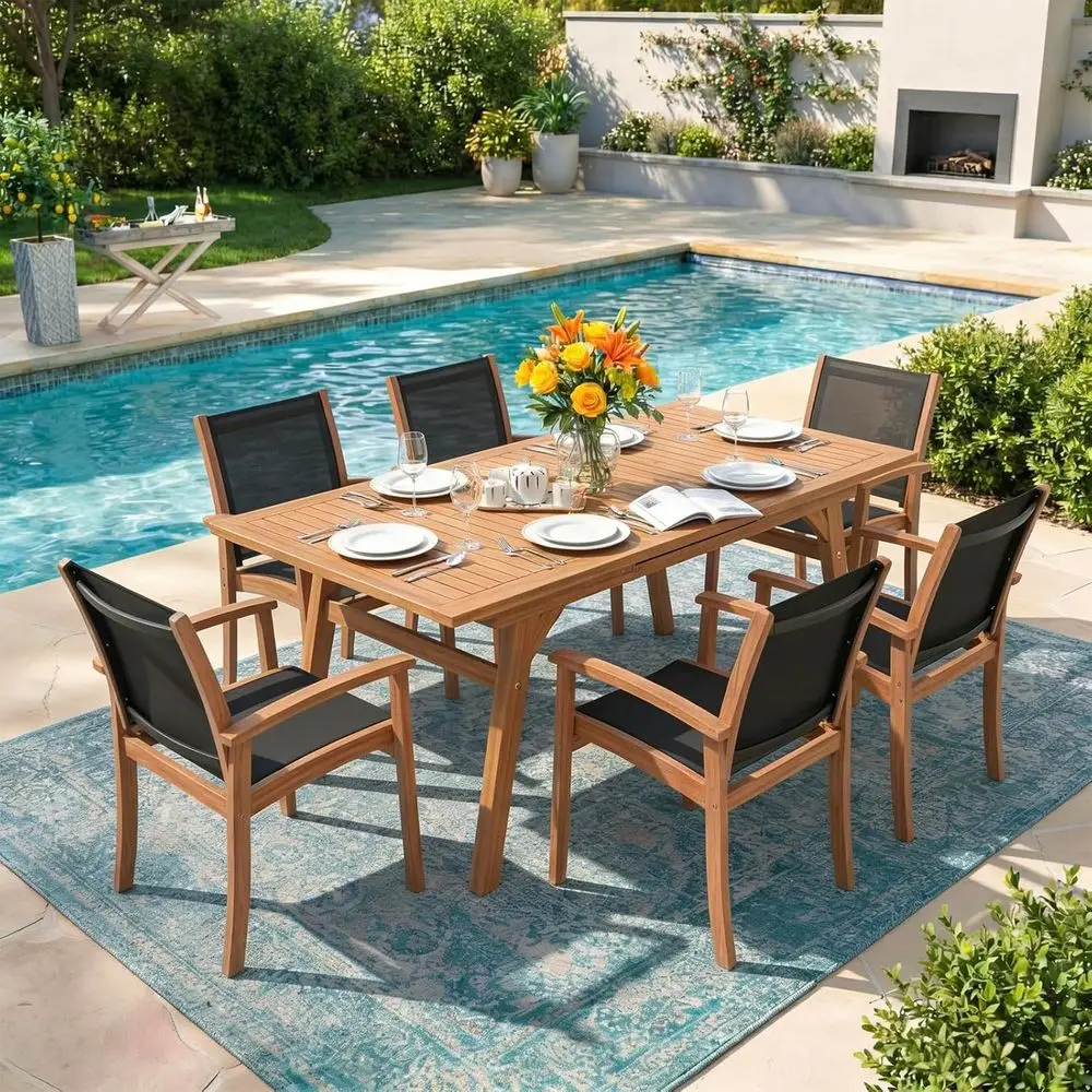 

6-8 Seater Acacia Wood Outdoor Dining Set with Expandable Table, Textilene Chairs, and Umbrella Hole (Black)