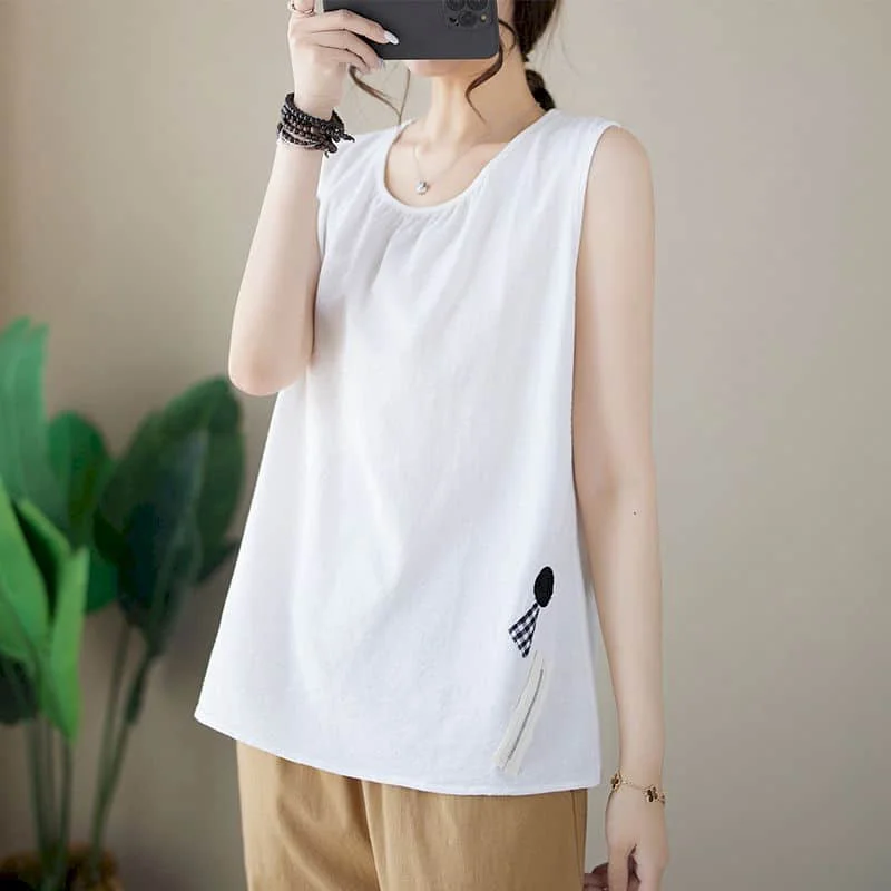 Literary Vest for Women Summer Minimalism Korean Style Casual Oversized Elegant Tanks O-neck Sleeveless T-shirts Women Clothing