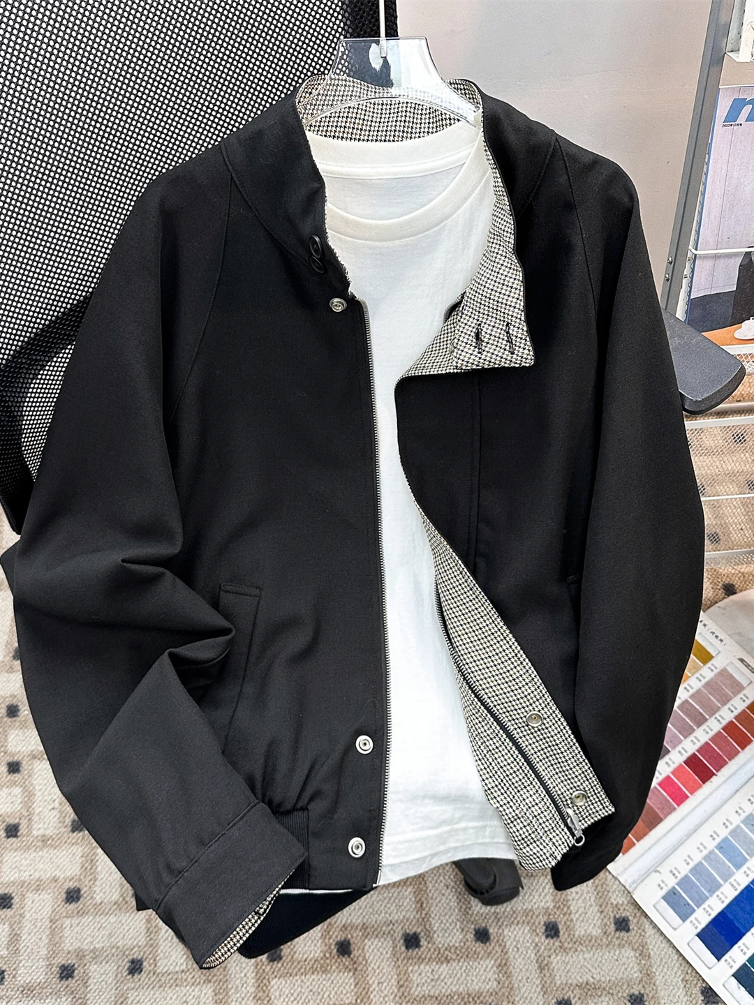 Double-Sided Wear American Retro Loose Casual Prince of Wales Check Stand Collar Men's Jacket Spring Autumn Harington Coat