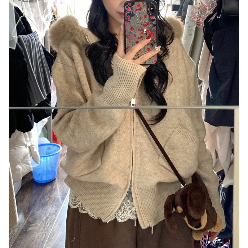 Loose Hooded Knitted Cardigan Sweater Large Fur Collar Jacket Women's Removable Lazy Wind Korean Foreign Clothes