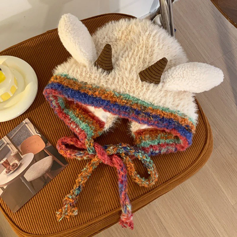 

Cute Sheep Horn Thick Plush Hat Animal Theme Party Decoration Props Girls Winter Warm Ear Protection Comfortable Pullover Cap