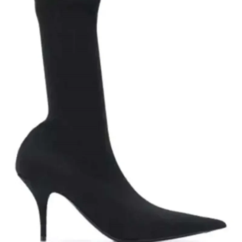 New Style Pointed Thin Heel Mid length Boots Show Slim and Elastic High Heel Socks Boots Increase Height Black Slender Boots