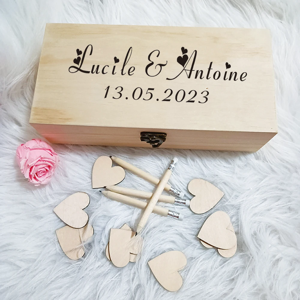 Personalized Wooden Wedding Guest Book with Hearts,Custom Name Date, Wooden Keepsake Box, Engraved Name, Wedding Decor