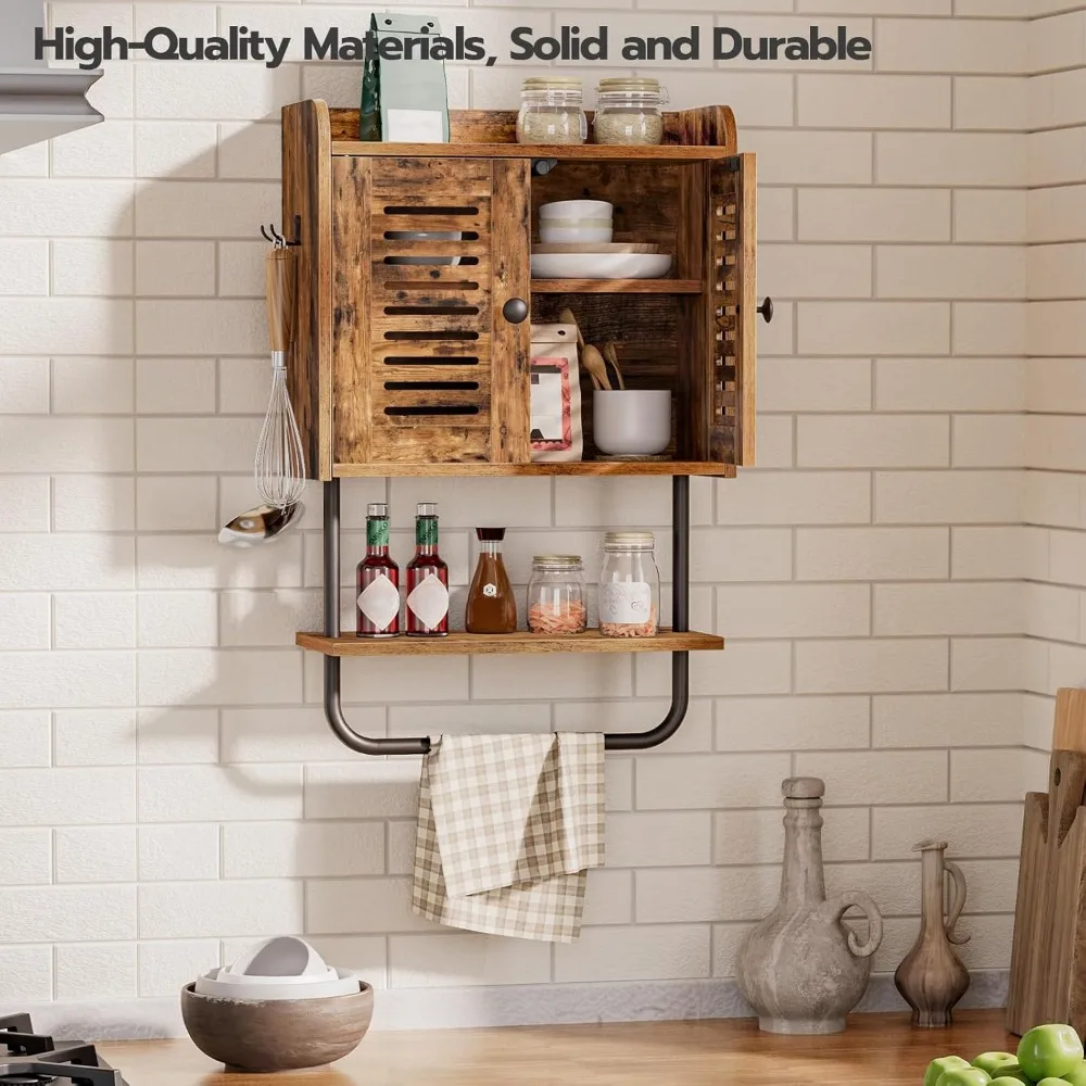 Medicine Cabinet, Double Doors Bathroom Wall Cabinet with Towel Bar, Adjustable Shelf, 2 Hooks, Over The Toilet Storage Cabinet