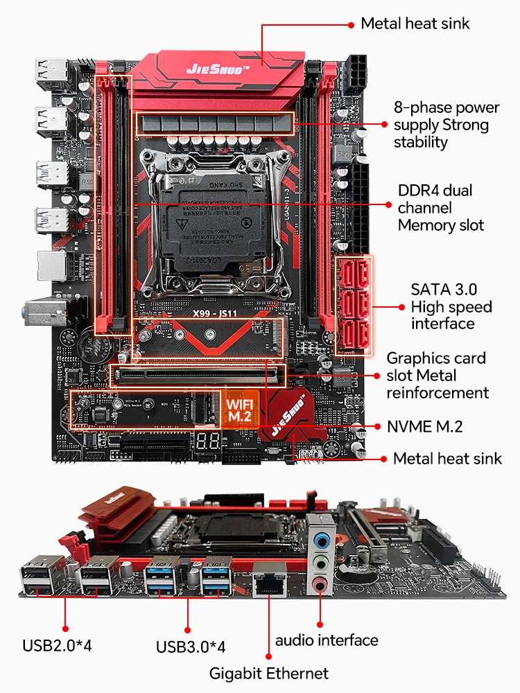 JIESHUO X99 Motherboard with M.2, USB 3.0, LGA 2011 Socket for for Gaming Computer support TPM 2.0