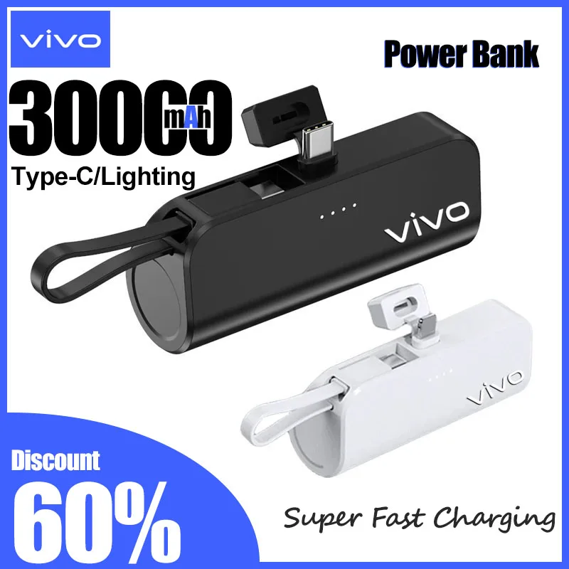 Mini Portátil Tipo-C Carregamento Rápido com Suporte, Pocket Power Bank, Bateria Externa, Compatível com iPhone e Android, 30000mAh