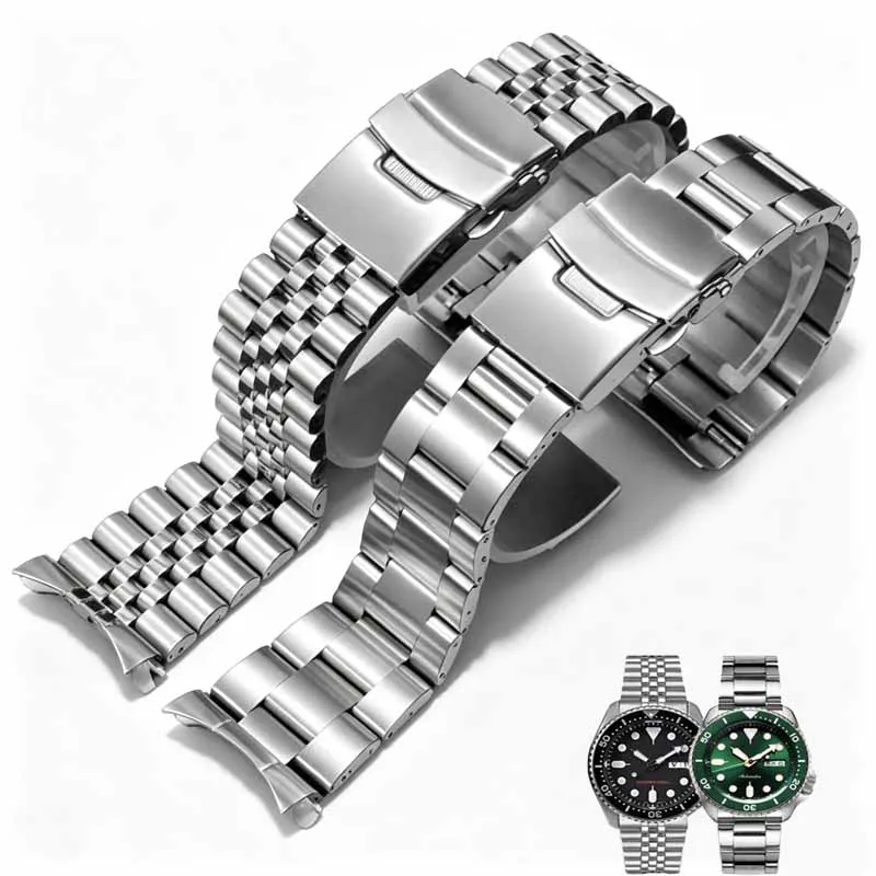 Fit Submariner Yacht-master Seiko Watchband Curved End Metal Watch Strap Stainless Steel Braceleet 19 20 21 22 23mm Silver Strap