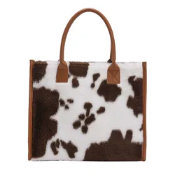 Women PU Leopard/Cow Print Winter Plush Handbag Casual Handbag Large Capacity Soft Autumn Tote Purse Shopping Bag