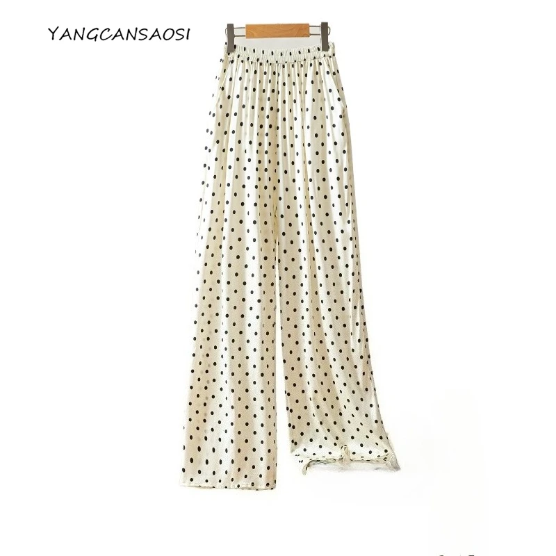 2025 Damenmode-Kleidung, 93 % natürliche Maulbeerseide, elastischer Satin, elastische Taille, Wellenpunkt, lässige Hose mit geradem Bein