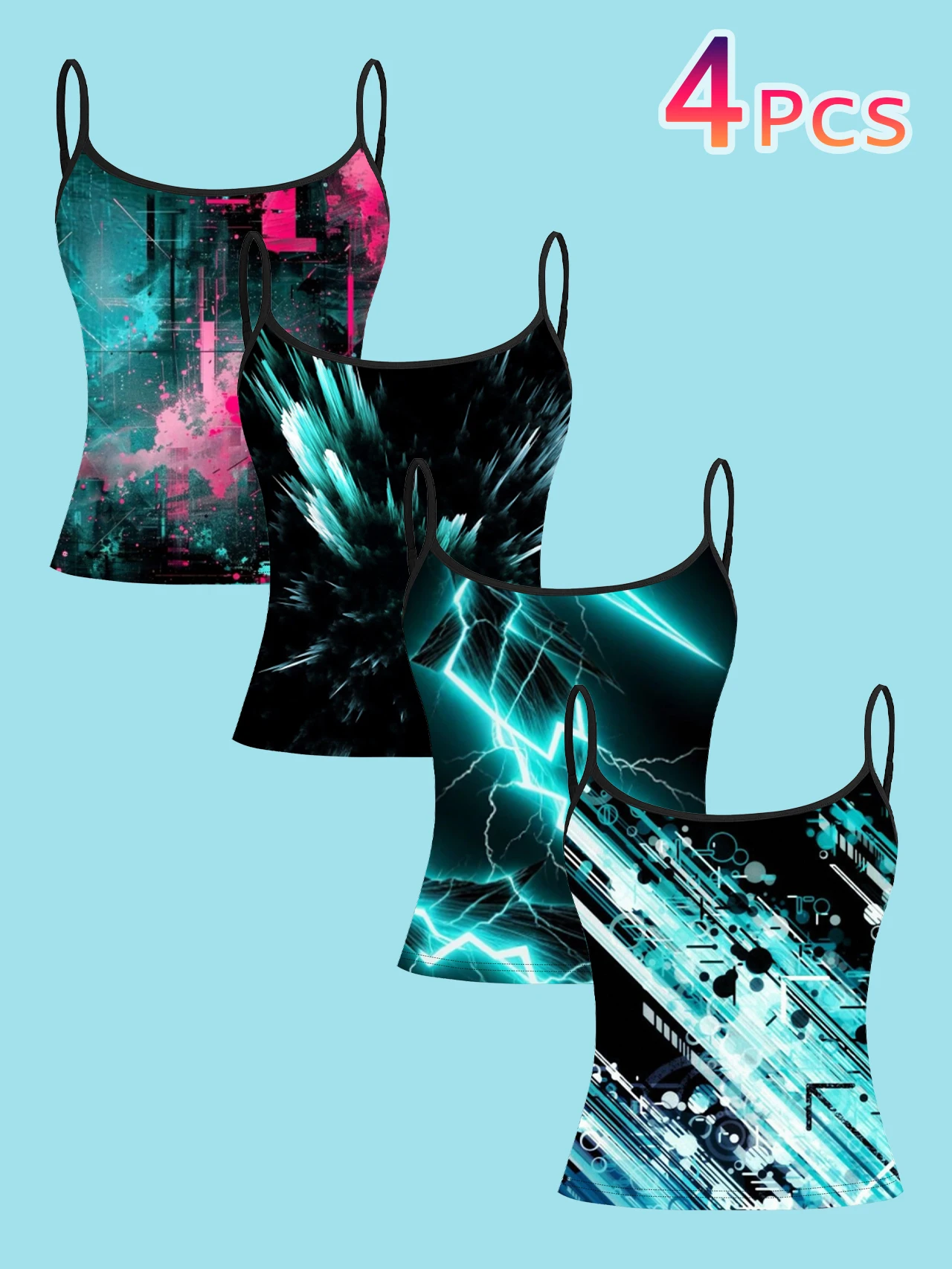 4-Piece Set of Cyber Blue Lightning Abstract Graffiti Print Camisole Tops for Women, Futuristic Slim-Fit Spaghetti Strap Inner Wear Tops