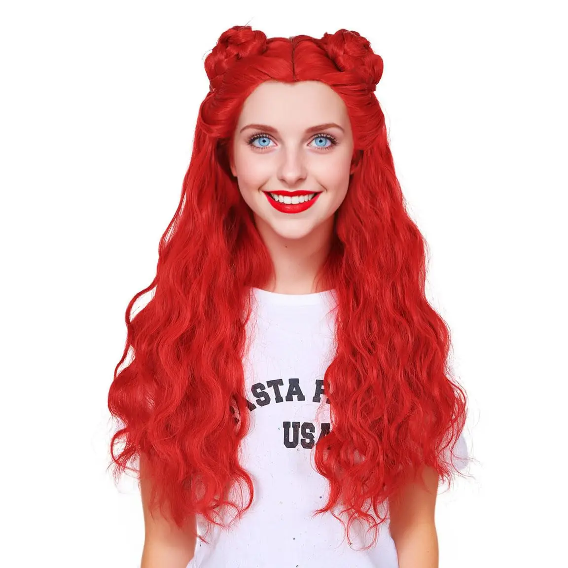 Descendants 4 Girls Red Wig Long Curly Red Cosplay Wig with 2 Buns for Halloween Costume